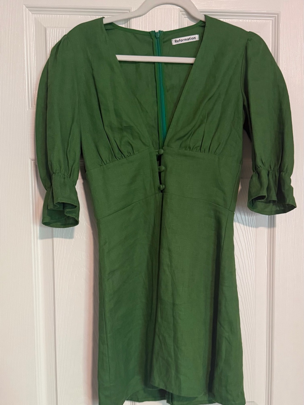 Reformation Green Linen V-Neck Puff Sleeve Dress